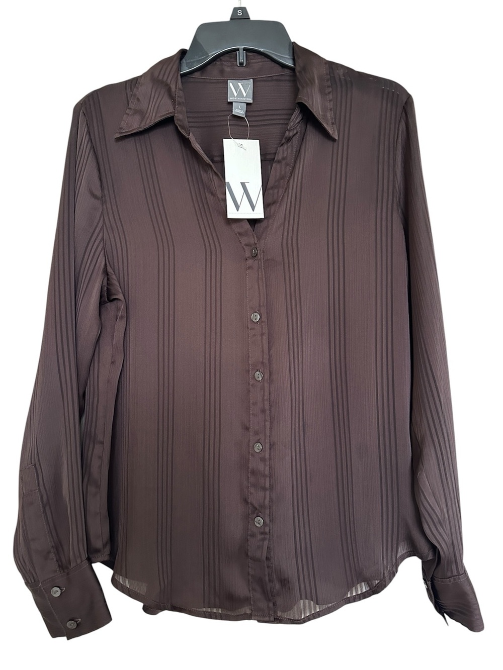 NWT Worthington Chocolate Brown Vertical-Stripe Button Down Blouse